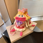 Pink Knit Cartoon Character Crossbody Phone Pouch, product view 4.