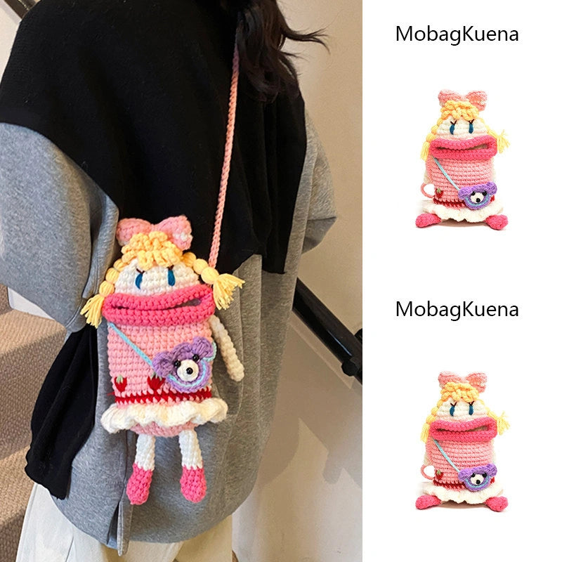Pink Knit Cartoon Character Crossbody Phone Pouch, product view 5.