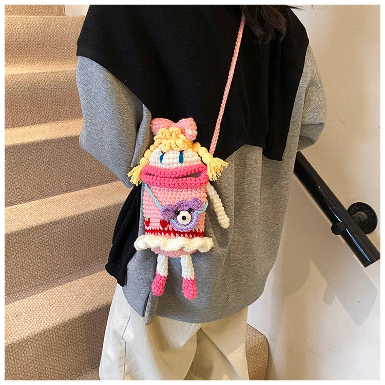 Pink Knit Cartoon Character Crossbody Phone Pouch, product view 7.