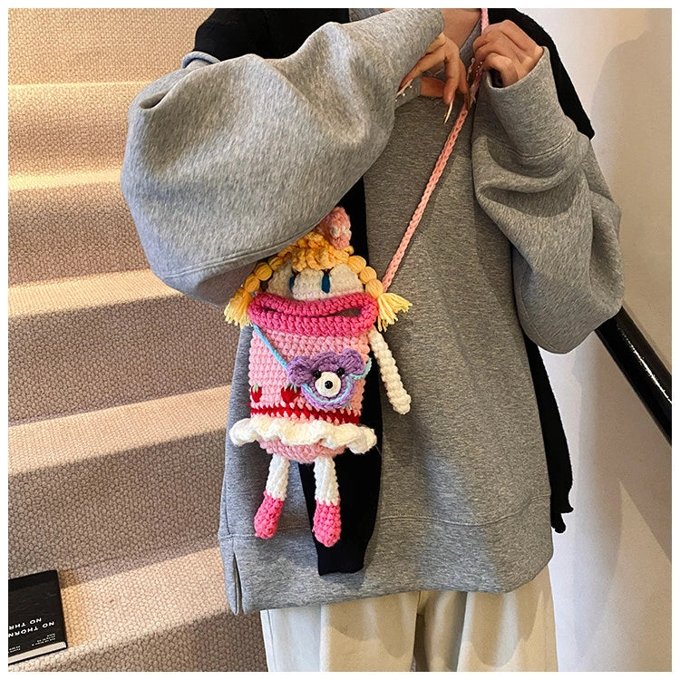 Pink Knit Cartoon Character Crossbody Phone Pouch, product view 8.