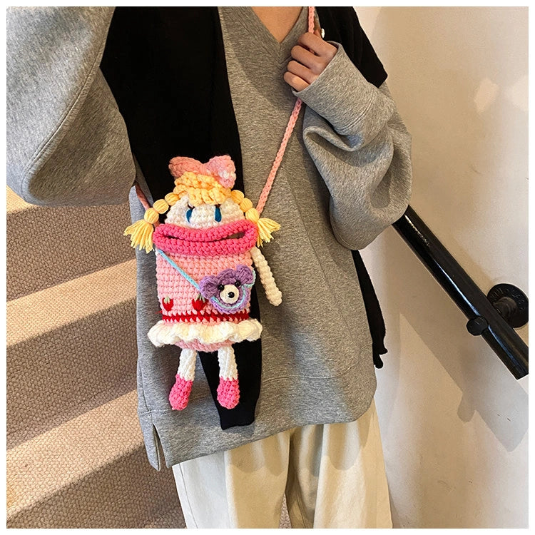 Pink Knit Cartoon Character Crossbody Phone Pouch, product view 9.