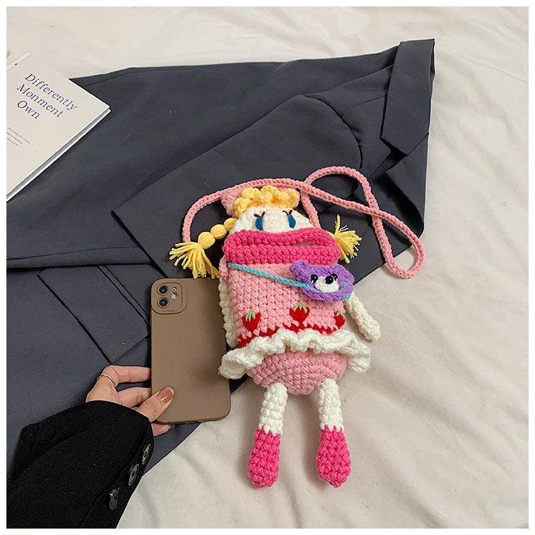 Pink Knit Cartoon Character Crossbody Phone Pouch, product view 11.