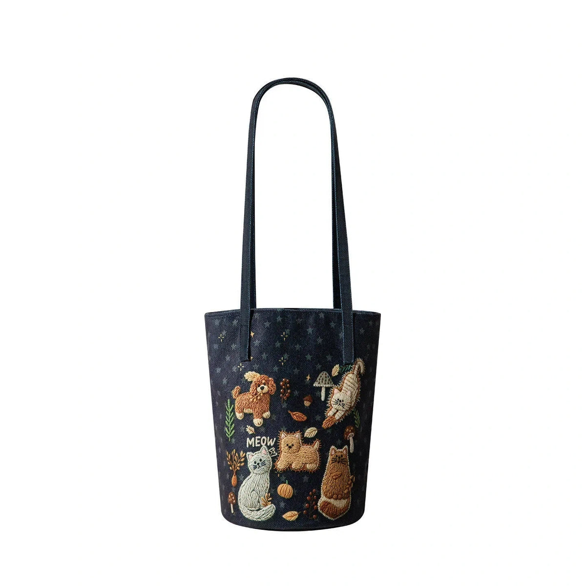 Cat and Dog Bucket Crossbody Bag with Pouch - Denim Forest Cat and Dog with Pouch.