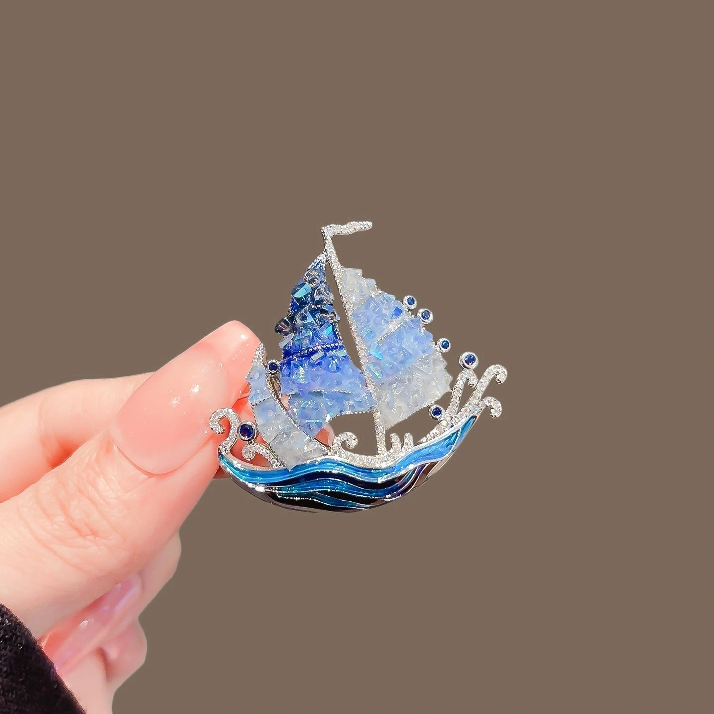 Blue Crystal Sailboat Brooch product image showing crystal sailboat