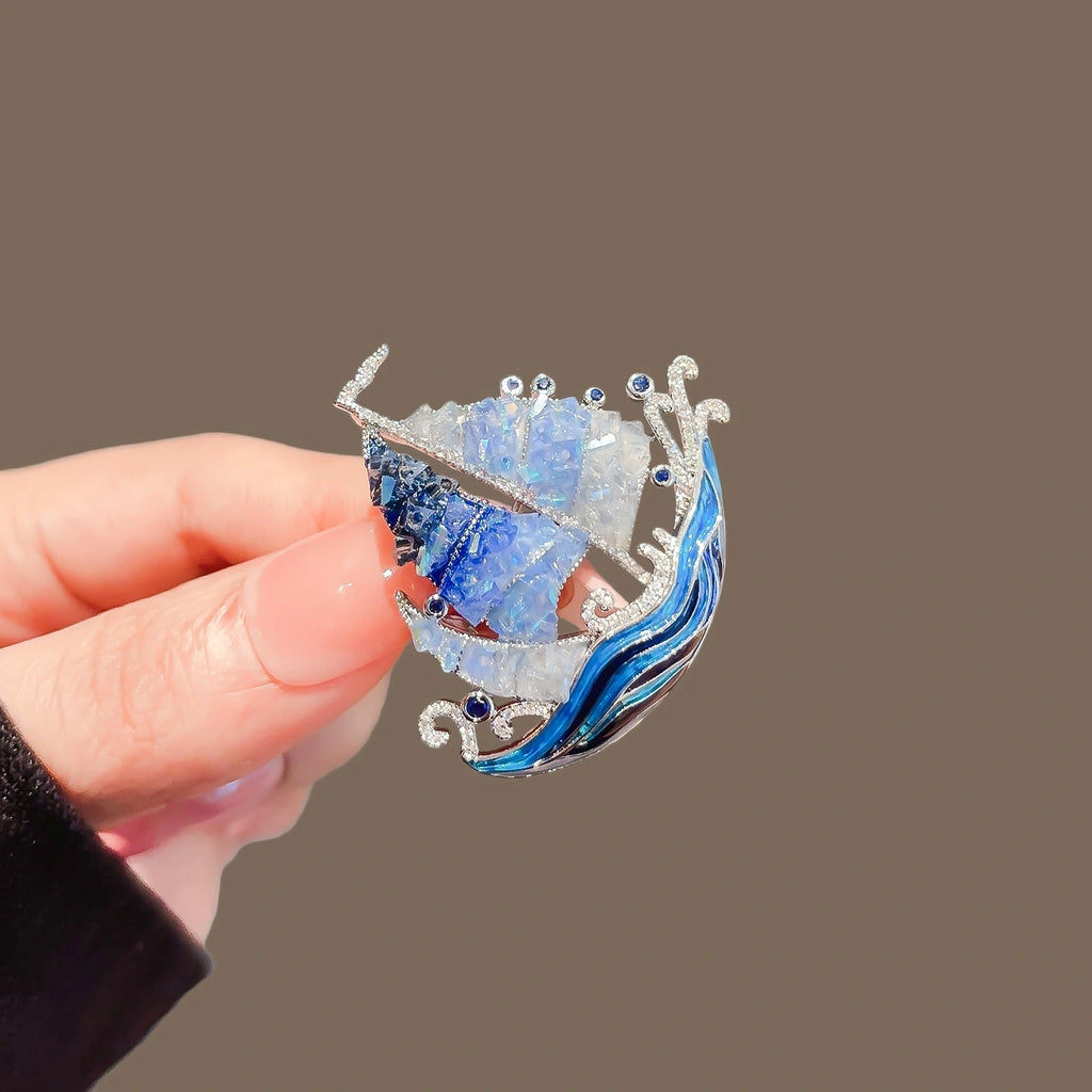 Blue Crystal Sailboat Brooch product image showing crystal sailboat