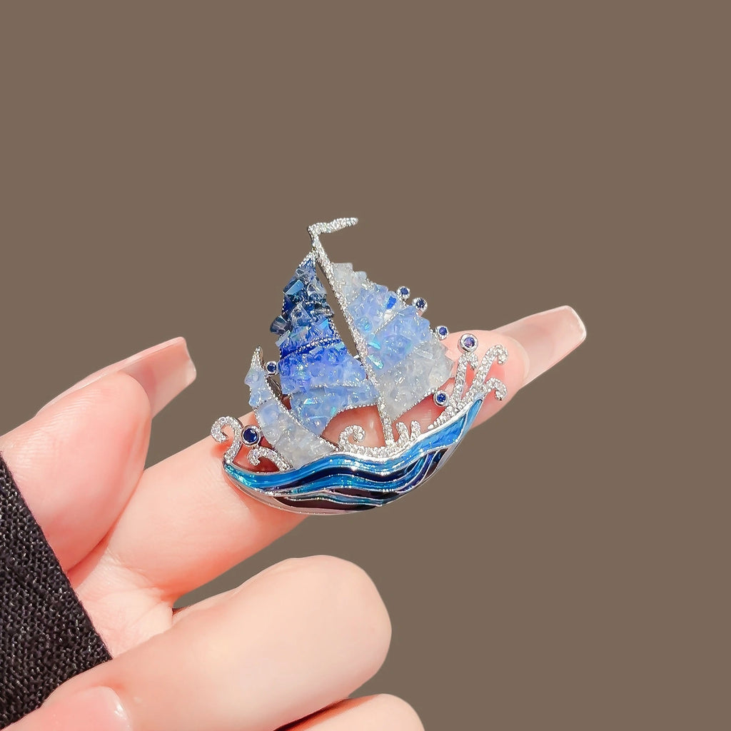 Blue Crystal Sailboat Brooch product image showing crystal sailboat