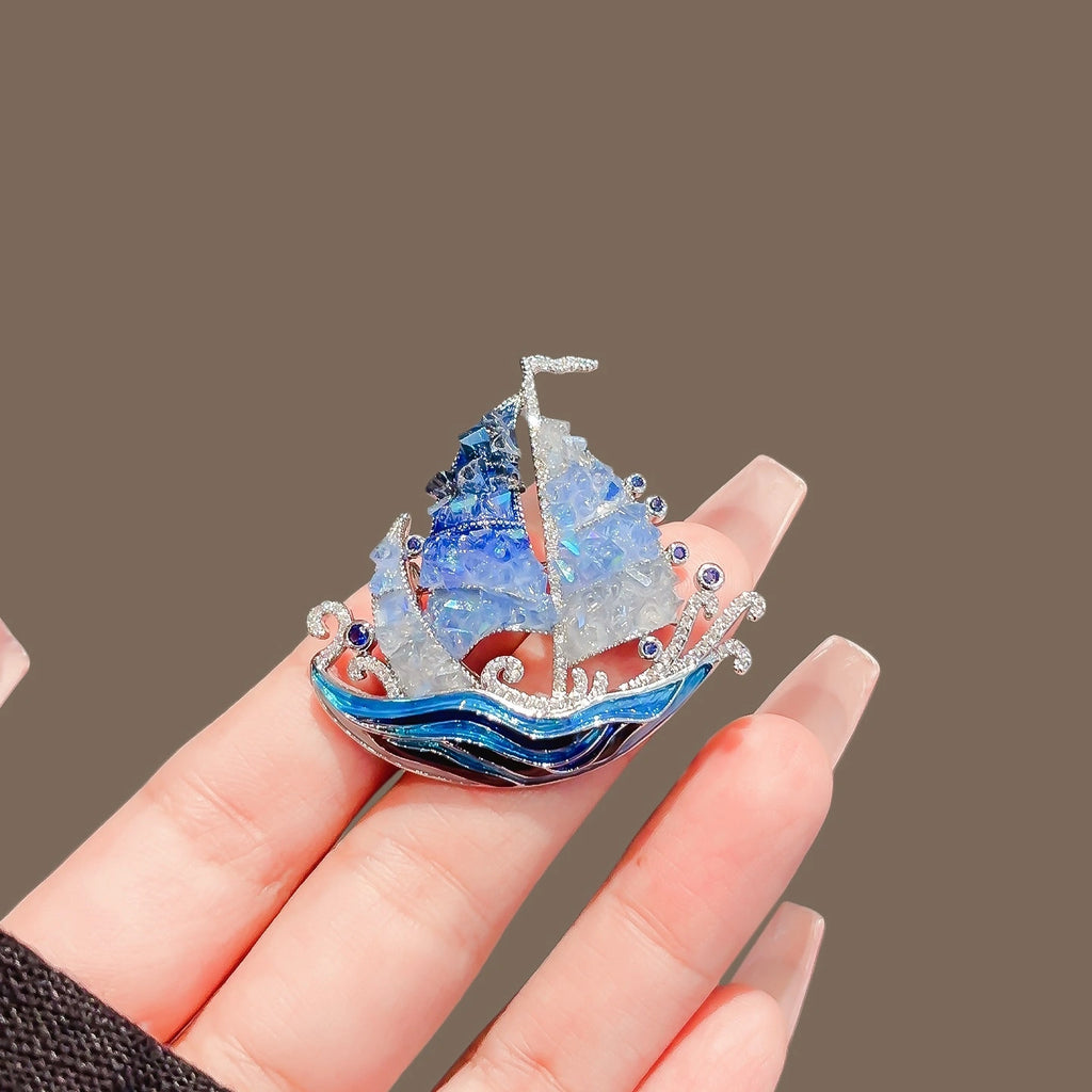 Blue Crystal Sailboat Brooch product image showing crystal sailboat