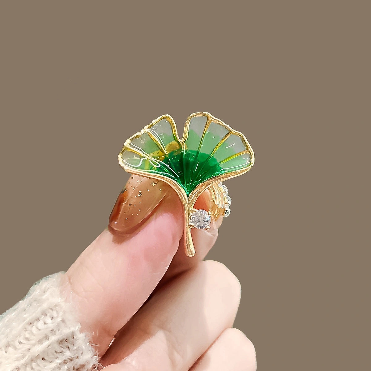 Maple and Ginkgo Leaf Brooch variant image showing green ginkgo leaf brooch