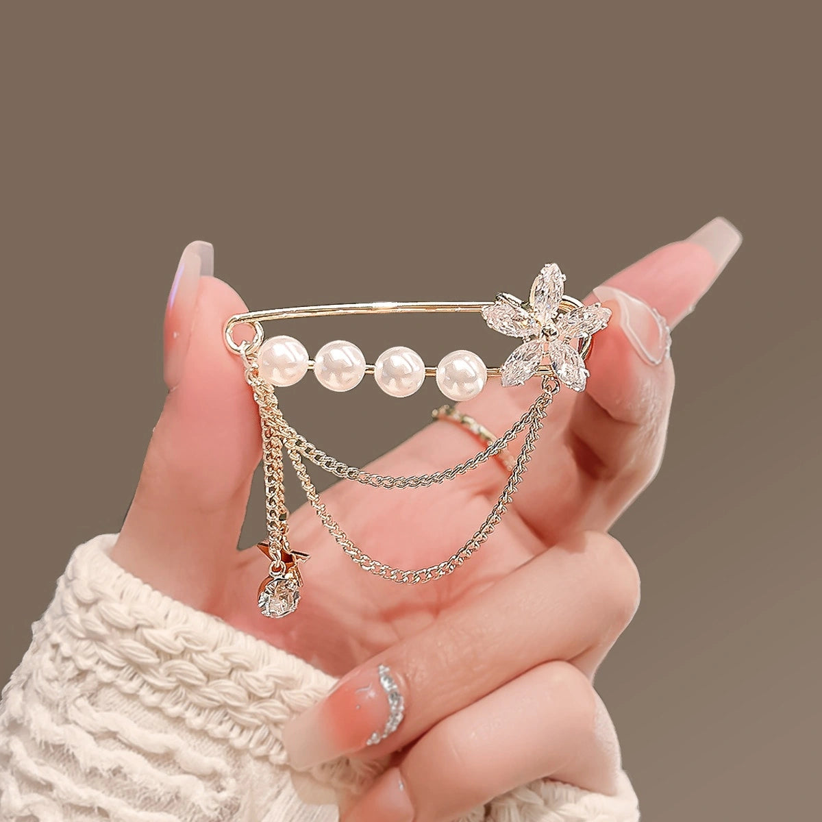 Pearl Tassel Flower Brooch product image showing flower tassel