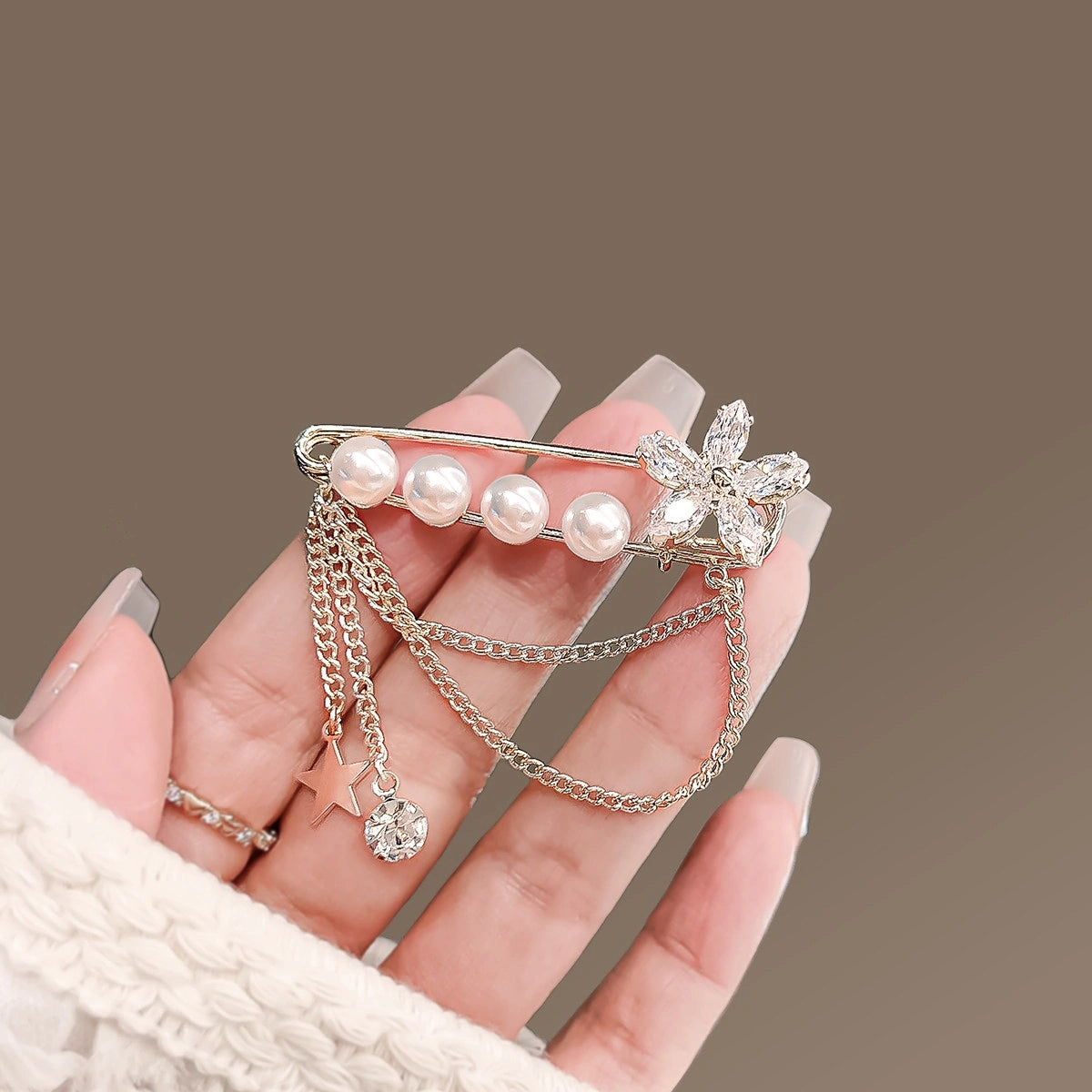 Pearl Tassel Flower Brooch product image showing flower tassel