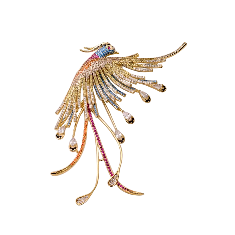 Luxury Crystal Phoenix Brooch, Elegant Gold Pin for Suits & Cheongsams