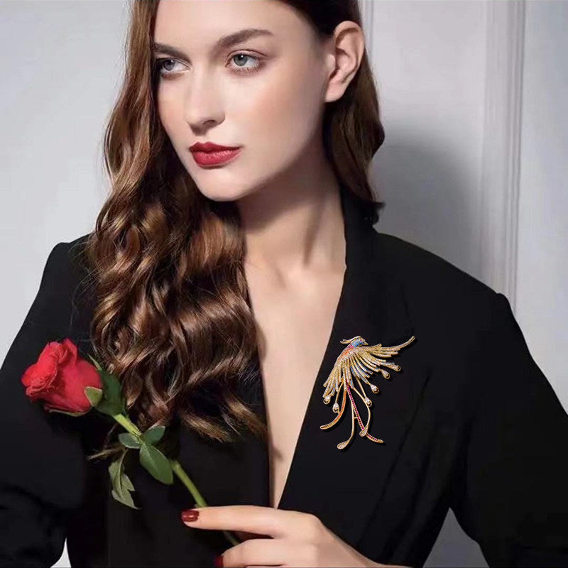 Luxury Crystal Phoenix Brooch, Elegant Gold Pin for Suits & Cheongsams