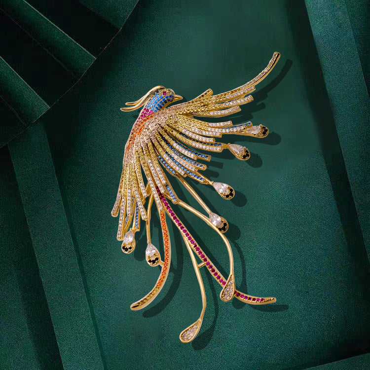 Luxury Crystal Phoenix Brooch, Elegant Gold Pin for Suits & Cheongsams