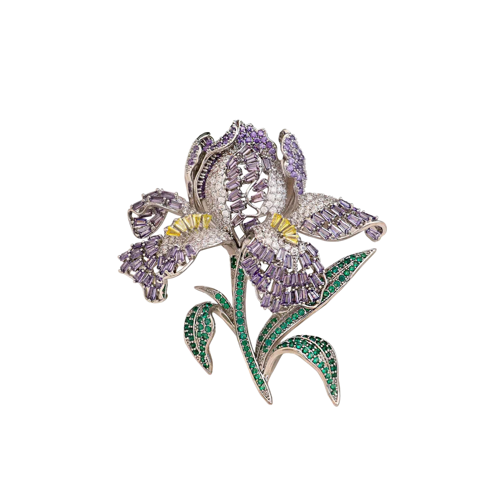 Luxury Purple Iris Flower Brooch with Austrian Crystal & Zircon