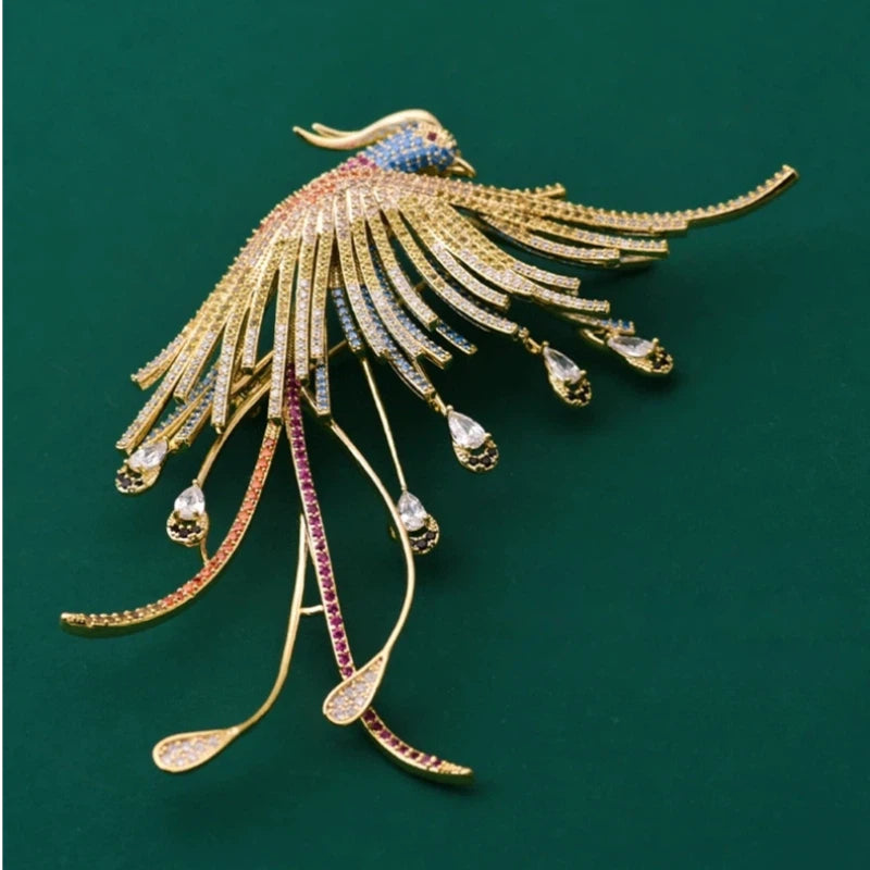 Luxury Crystal Phoenix Brooch, Elegant Gold Pin for Suits & Cheongsams