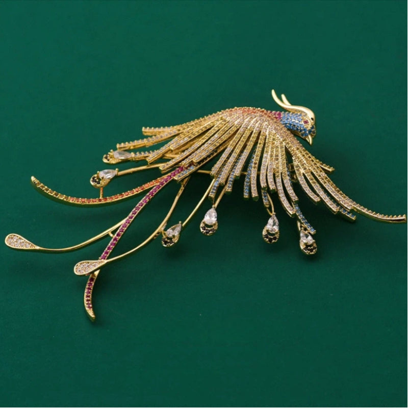 Luxury Crystal Phoenix Brooch, Elegant Gold Pin for Suits & Cheongsams