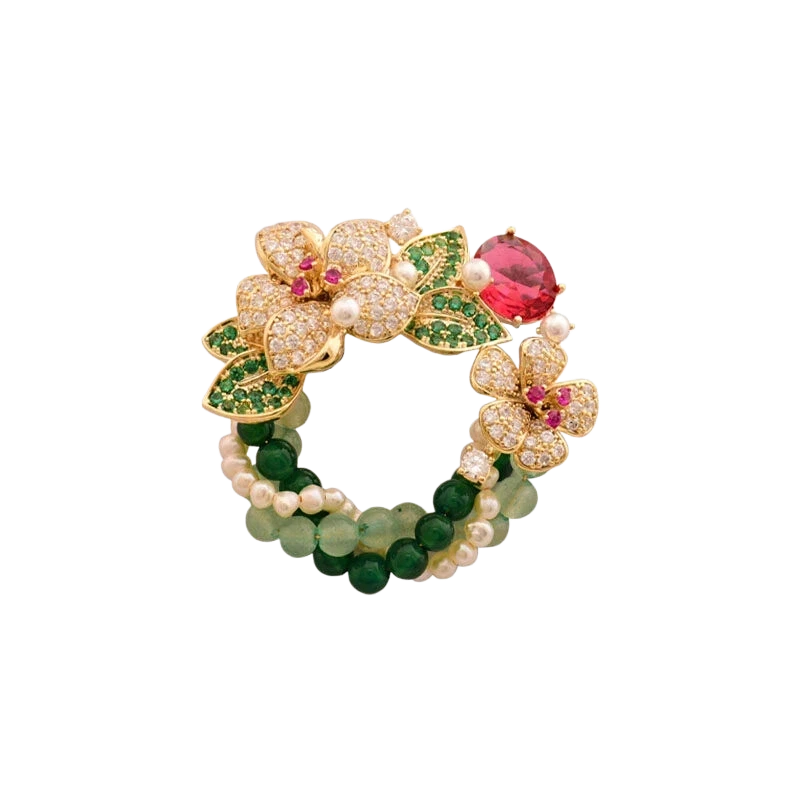 Monet Inspired Wreath Brooch with Natural Pearls & Agate, Vintage Floral Pin for Women