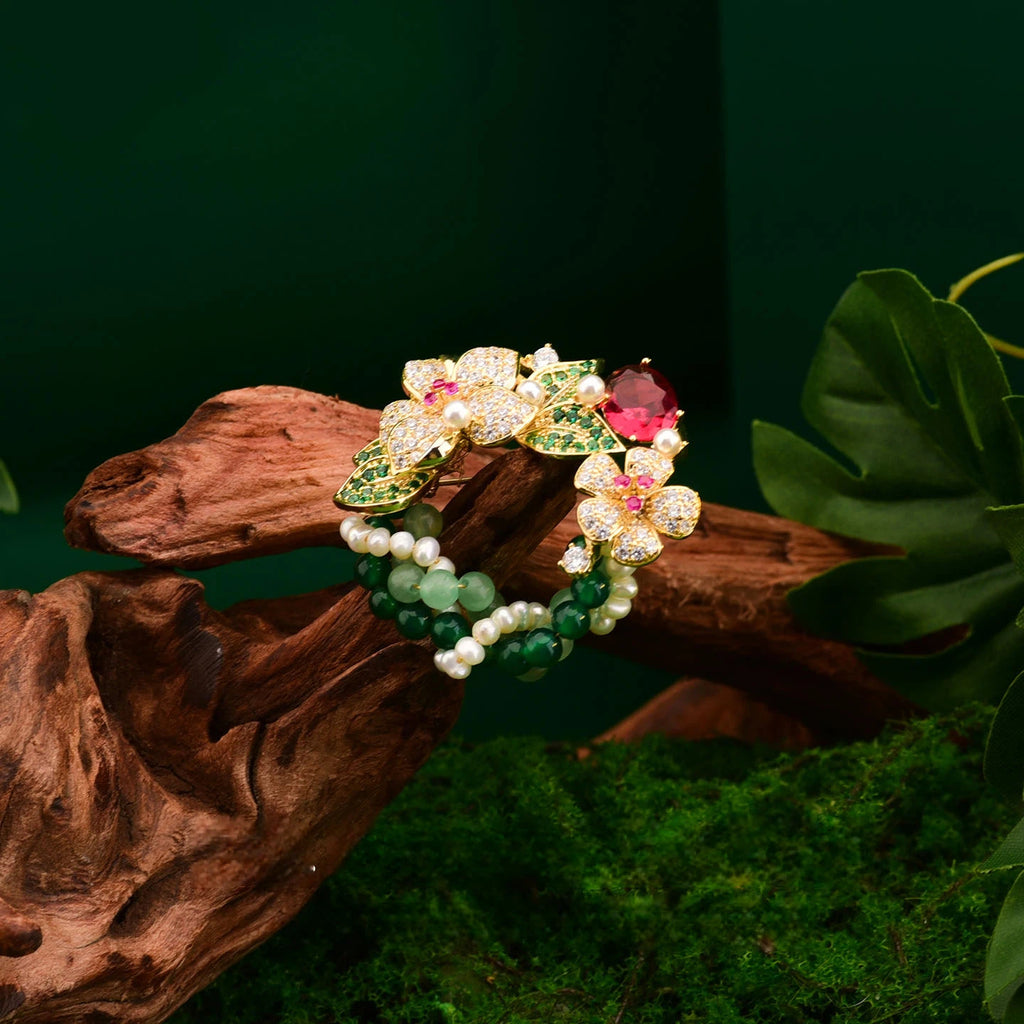 Monet Inspired Wreath Brooch with Natural Pearls & Agate, Vintage Floral Pin for Women