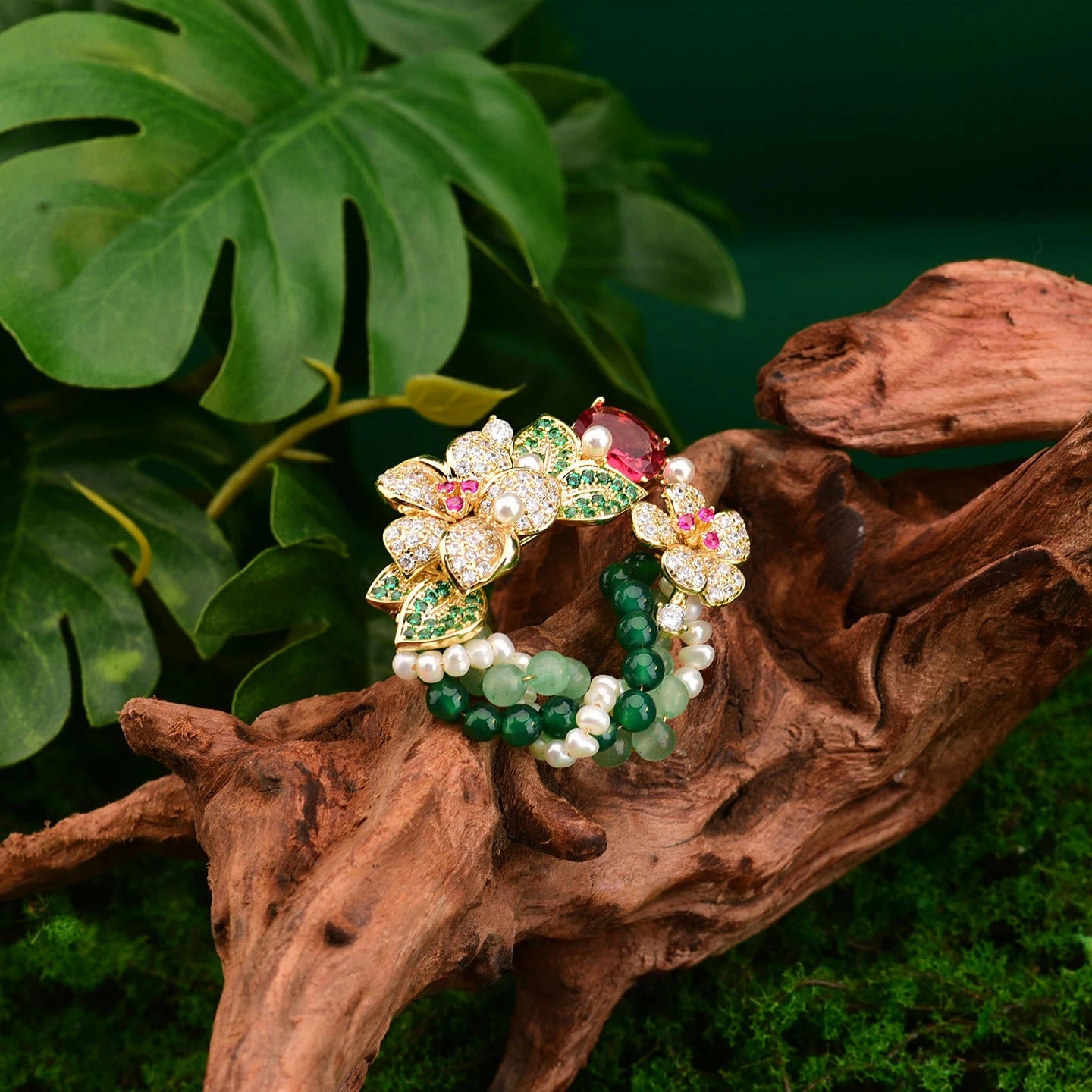 Monet Inspired Wreath Brooch with Natural Pearls & Agate, Vintage Floral Pin for Women