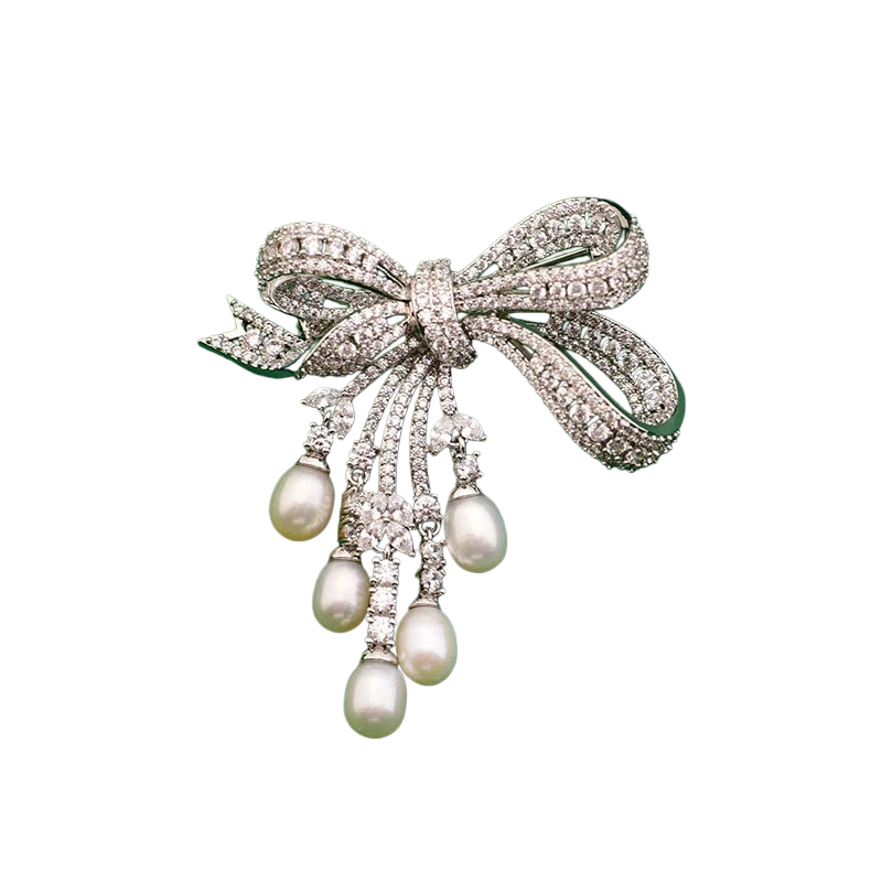 Silver Elegant French Style Bow Brooch with Natural Pearls & Zircon