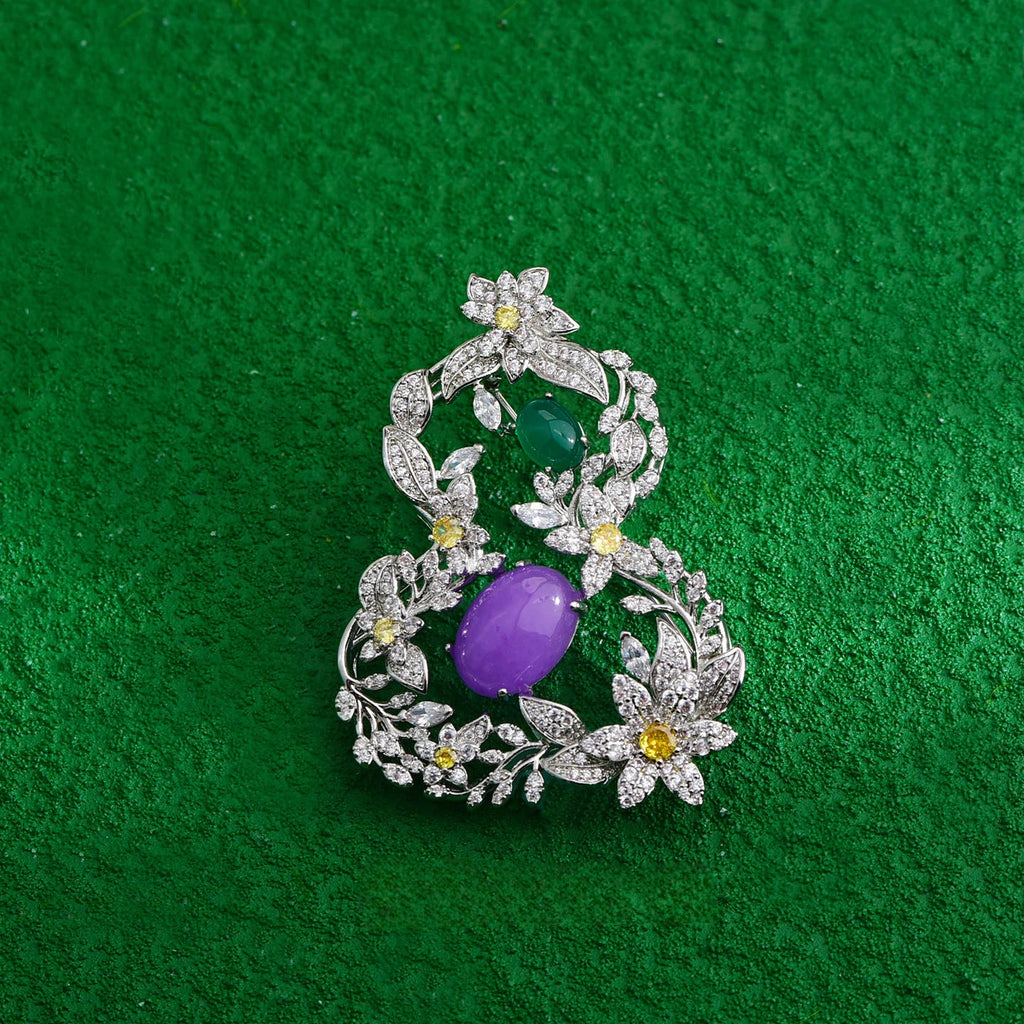Unique Gourd Brooch with Green Agate & Zircon