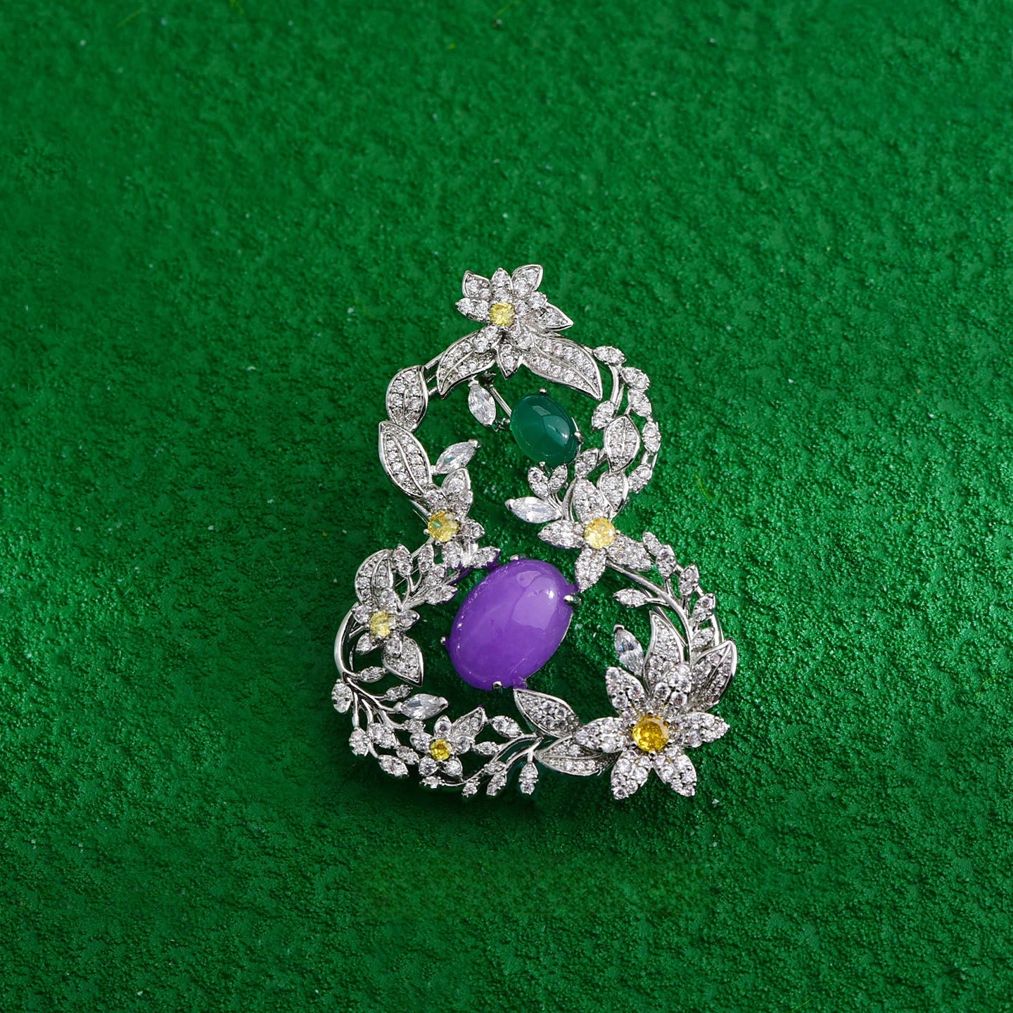 Unique Gourd Brooch with Green Agate & Zircon