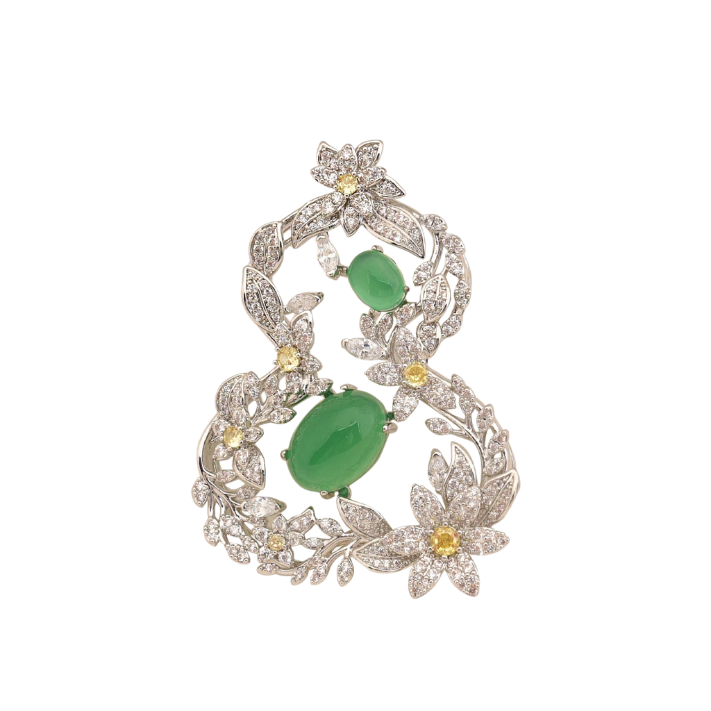 Unique Gourd Brooch with Green Agate & Zircon
