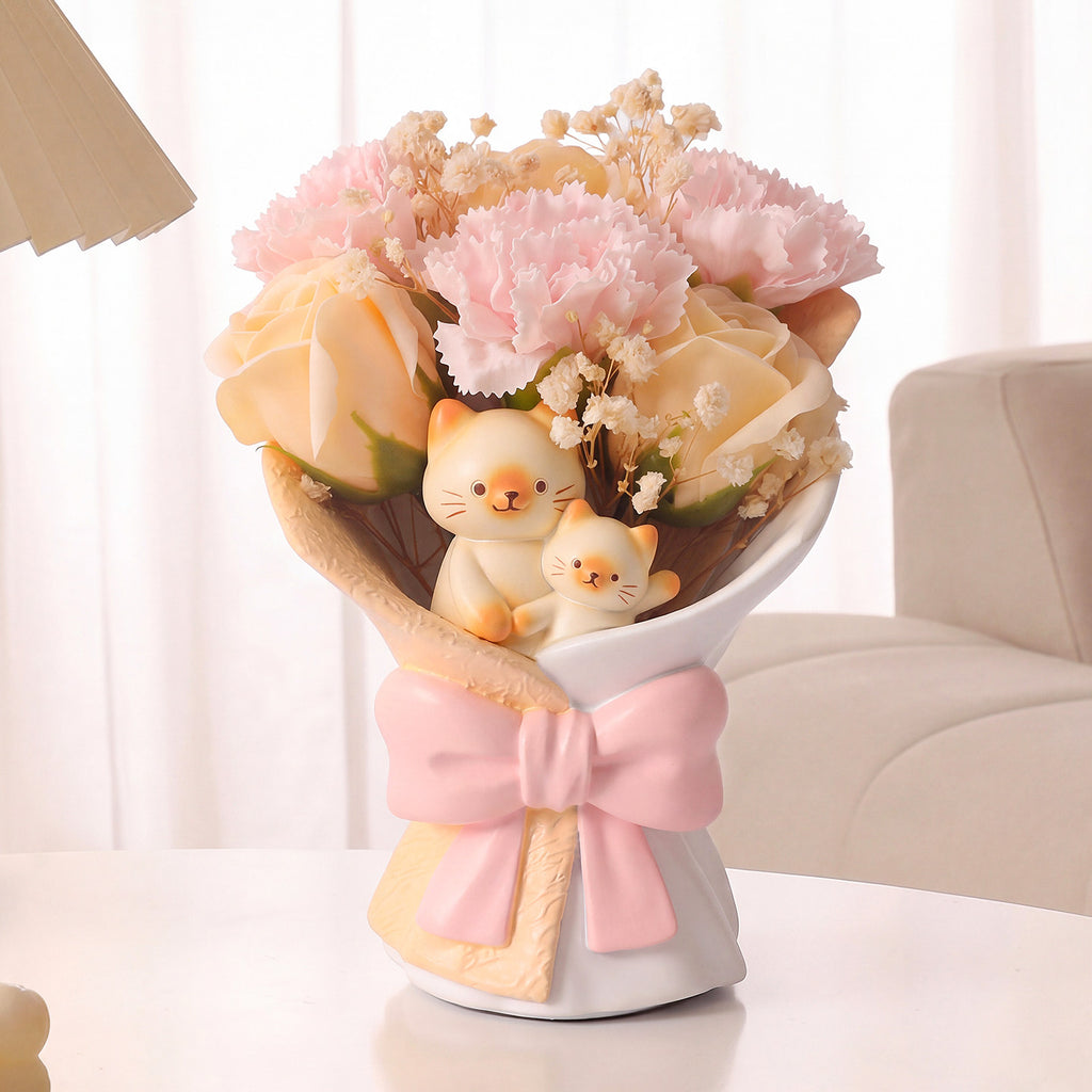 Creative Artificial Bouquet Figurine, Cat & Bunny Resin Flower Decor