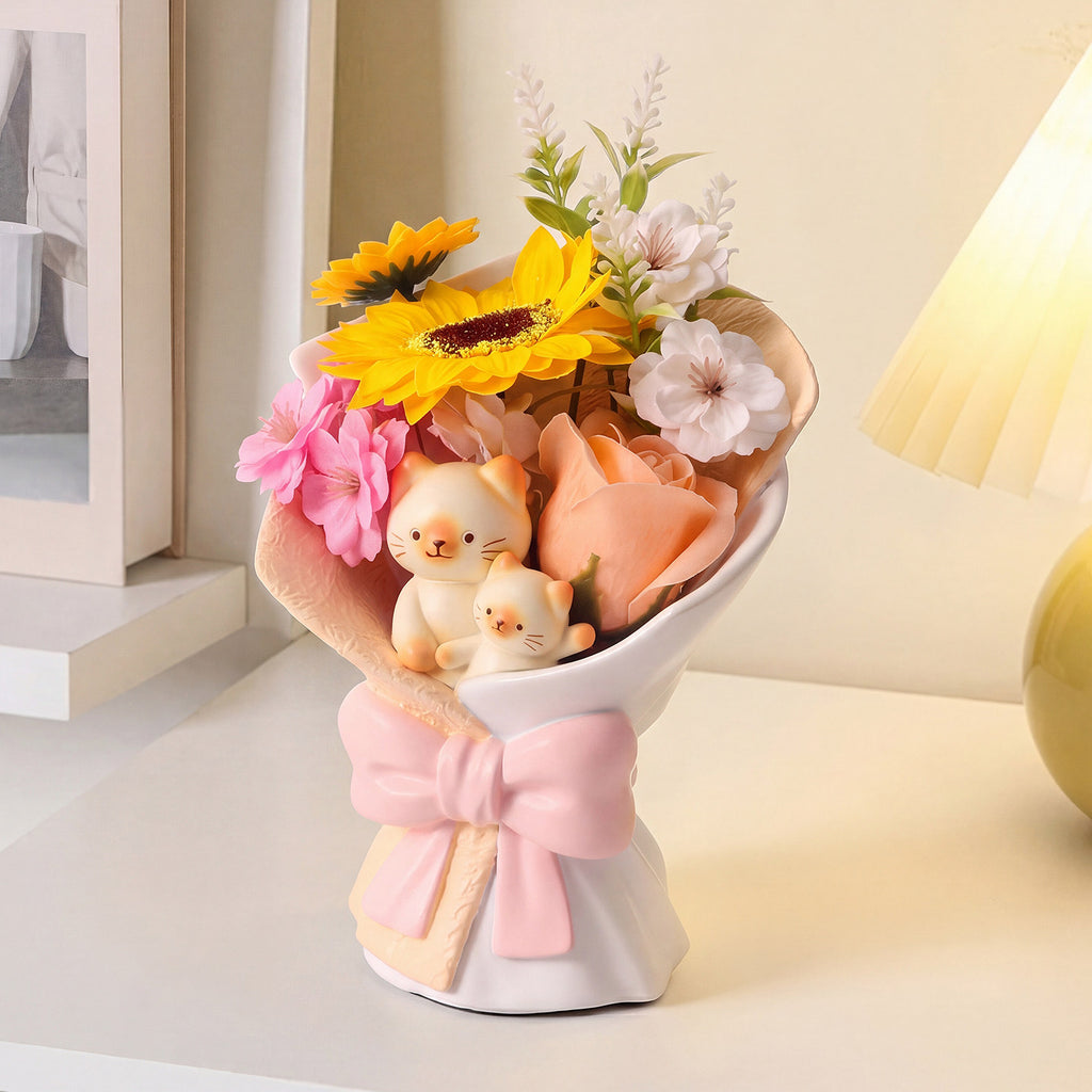 Creative Artificial Bouquet Figurine, Cat & Bunny Resin Flower Decor