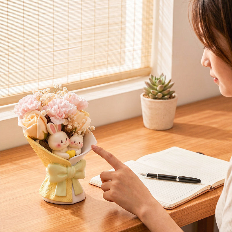 Creative Artificial Bouquet Figurine, Cat & Bunny Resin Flower Decor