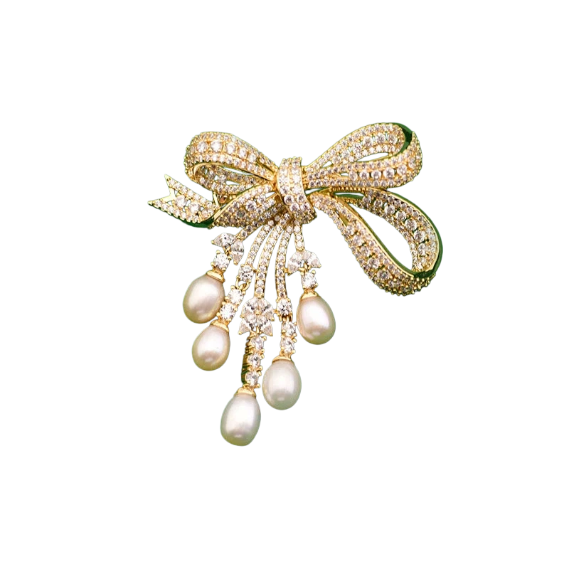 Elegant French Style Bow Brooch with Natural Pearls & Zircon