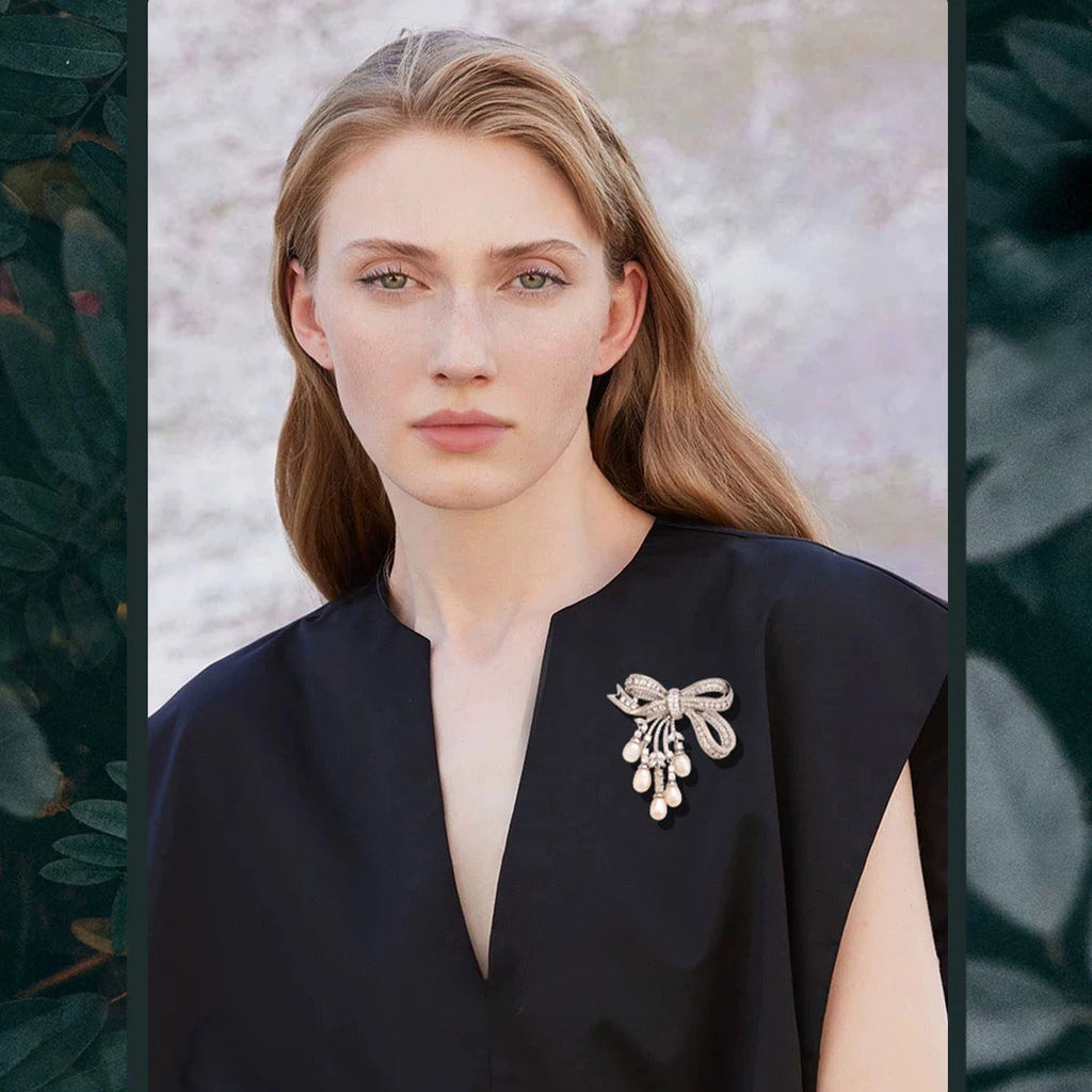 Elegant French Style Bow Brooch with Natural Pearls & Zircon