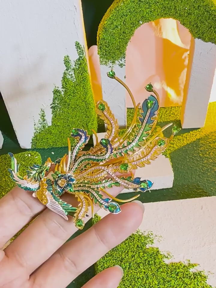 Elegant Chinese Phoenix Brooch with Enamel & Zircon