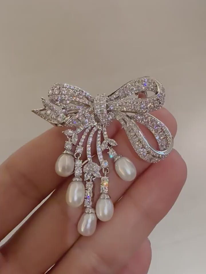Elegant French Style Bow Brooch with Natural Pearls & Zircon