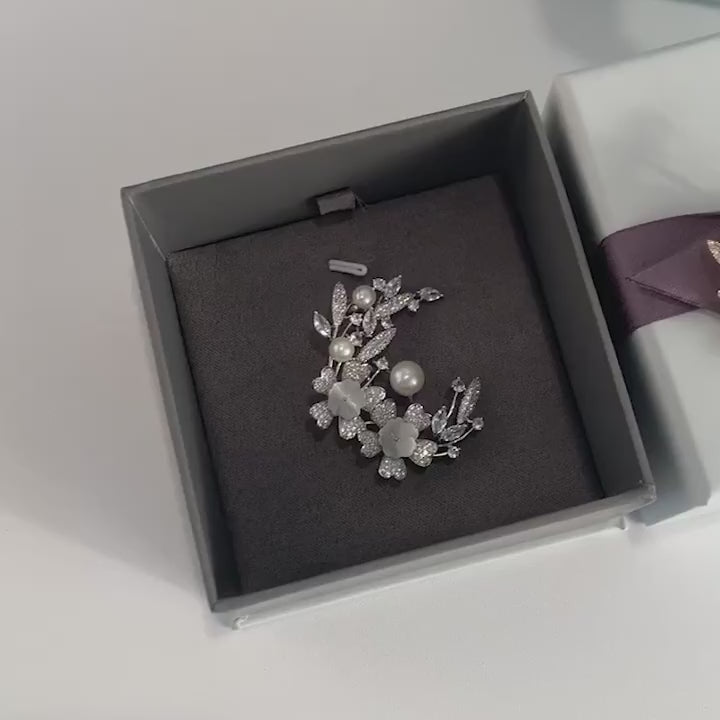 Elegant Laurel Goddess Brooch with Natural Pearls and Shell Flowers