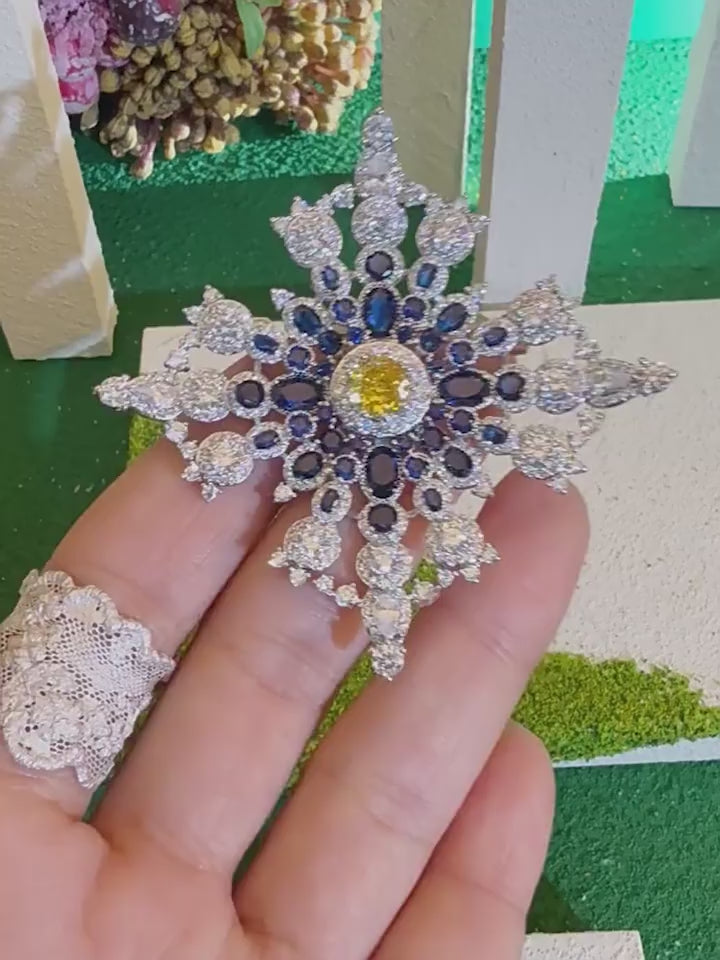 Elegant Blue Crystal Snowflake Brooch, Luxury Silver Pin for Suits & Coats