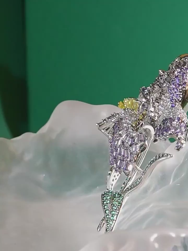 Luxury Purple Iris Flower Brooch with Austrian Crystal & Zircon